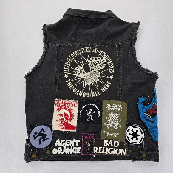Other - Punk Rock Vest Mens XXL Black Denim Patched Sleeveless Jacket Custom Patches